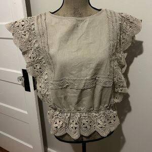 Joy Joy 100% Linen Lace Lined Open Sleeve Srunched Waist Flouncy Top